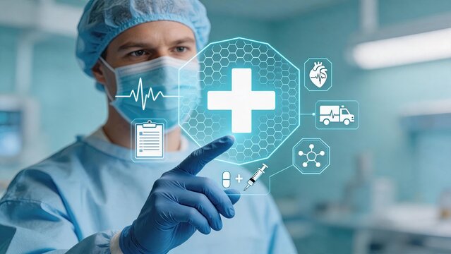 Doctor in surgical attire interacting with futuristic medical interface displaying health icons and plus sign representing advanced healthcare technology telemedicine and digital