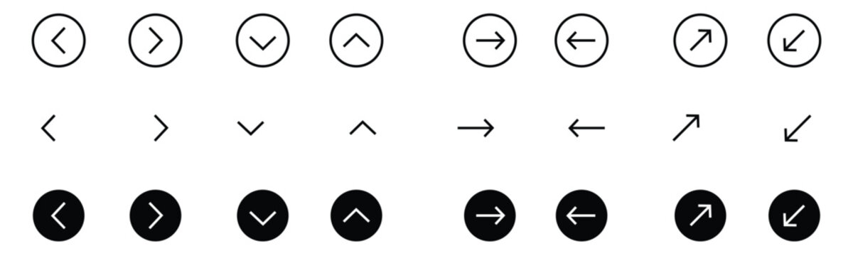 Minimalist UI navigation arrow icon set featuring black and white circle buttons chevron pointers and directional signs ideal for modern web interface layout and mobile application user experience