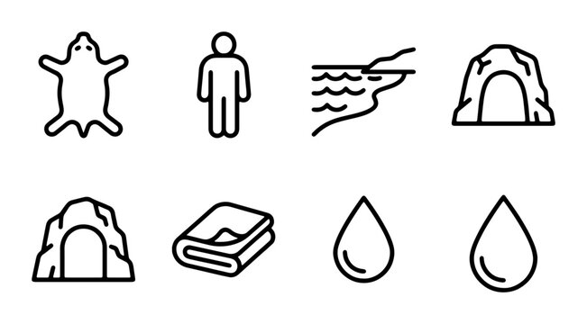 Prehistoric Life Icons: Cave, Human, Water, Animal Skin, Towel, Set