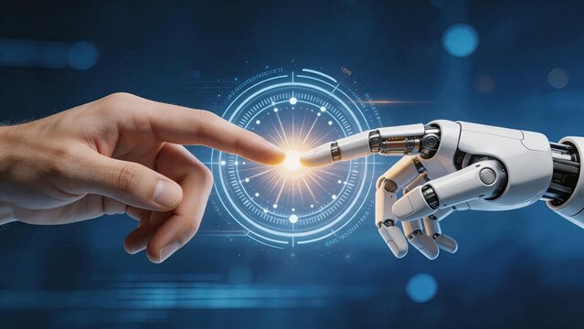 Human hand touching robotic finger, artificial intelligence connection, future technology concept, man and machine interaction, cyborg integration, digital transformation,
