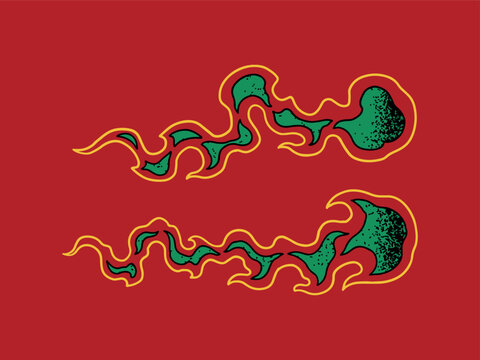 Drifting green and red oriental spirit trail isolated on black background. Vintage asian flame graphic element for vehicle decal, streetwear, and stickers