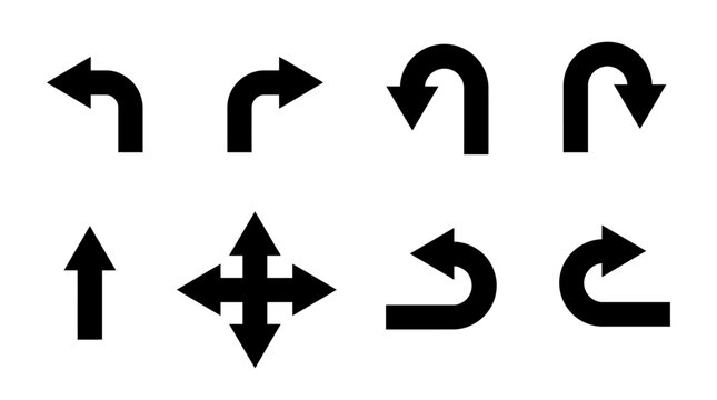 A collection of black arrow icons illustrating various directions and movements, perfect for user interface design and navigation systems