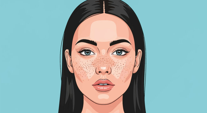 Detailed vector illustration of a young woman's face with long straight black hair, blue eyes, and dense freckles on her cheeks and nose, set against a plain light blue background.