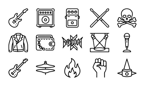 Rock Music Icons Set: Electric Guitars, Drums, Skull, Microphone, Leather Jacket, Wallet, Flames