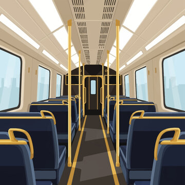 Vector illustration of a modern luxury train interior featuring blue seats, gold handrails, and bright LED lights. Symmetrical view of a railway carriage with large city windows.