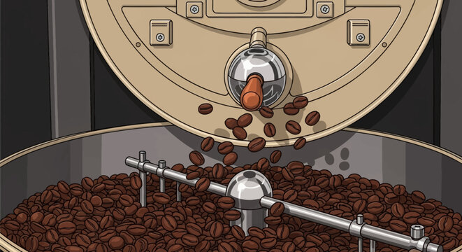 Vector illustration of roasted brown coffee beans falling from an industrial roasting machine into a cooling tray with a metal agitator arm for uniform cooling and processing.