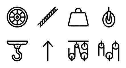Industrial Pulley System Icons, Lifting Equipment Vector Graphics, Mechanical Engineering Symbols, Load Bearing Elements © MstMithila