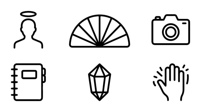 Minimalist Icon Set: Angel, Fan, Camera, Notebook, Crystal, High Five, Vector Graphics