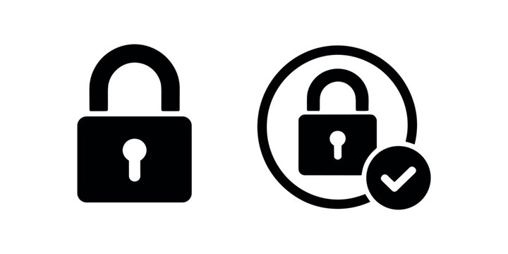 Black padlock with checkmark security symbol in white background