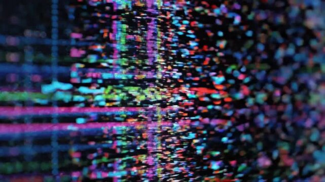 Dark cyber glitch overlay with moving pixel noise and electronic static distortion, flashing data corruption effects and colorful scanline interference for futuristic projects.