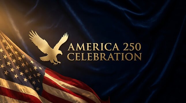 Golden eagle icon beside america 250 celebration typography set against luxurious dark navy blue silk fabric texture representing national pride and patriotism.