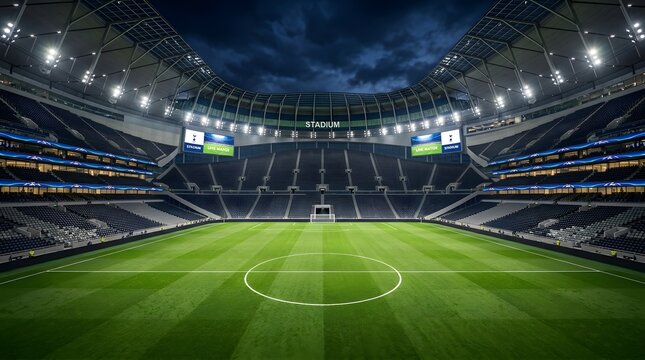 Empty modern soccer stadium pitch ready for match