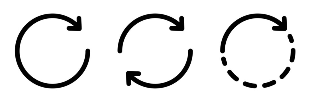 Set of three circular arrow icons representing refresh, recycle, or rotation concepts with solid and dashed lines