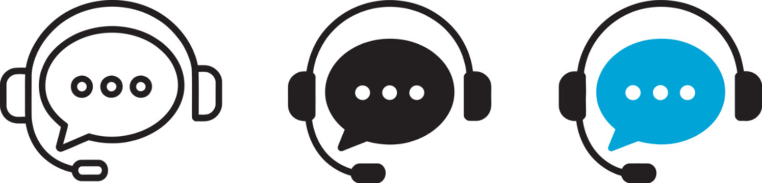 Customer service icon set with headset agent symbols and speech bubbles isolated vector icons for technical support, online assistance and professional customer care interface design.