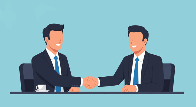 Two smiling businessmen wearing dark suits and blue ties shaking hands across a table with a coffee cup, illustrating a successful business partnership or professional deal.