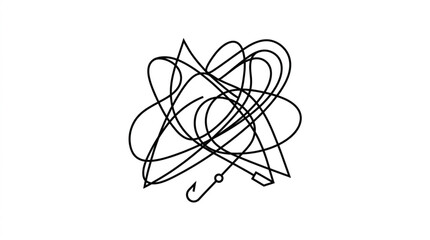 Abstract tangled fishing line with hook and bobber illustration. © Adre