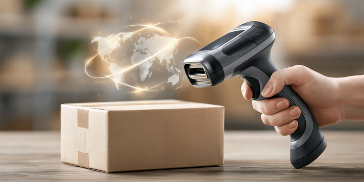 E commerce smart barcode scanner business boosting global shipping concept with parcel
