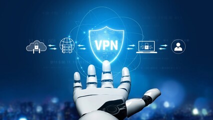 Fototapeta premium AI improves VPN by monitoring traffic, detecting risks, encrypting sessions, and optimizing routing to ensure private, secure, and efficient network access. Marrow