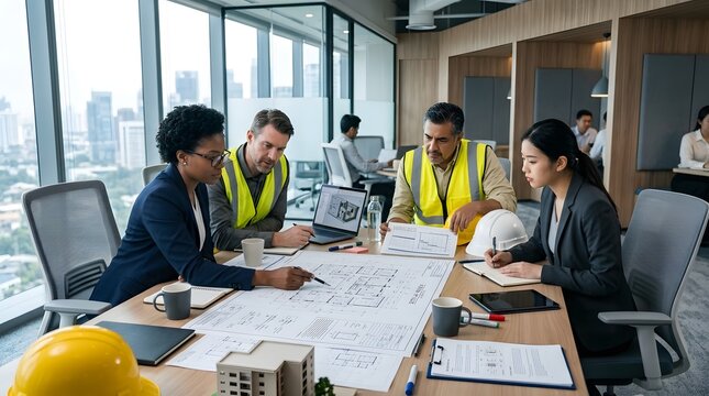 Team Collaboration: Architects Reviewing Blueprints in Modern Office