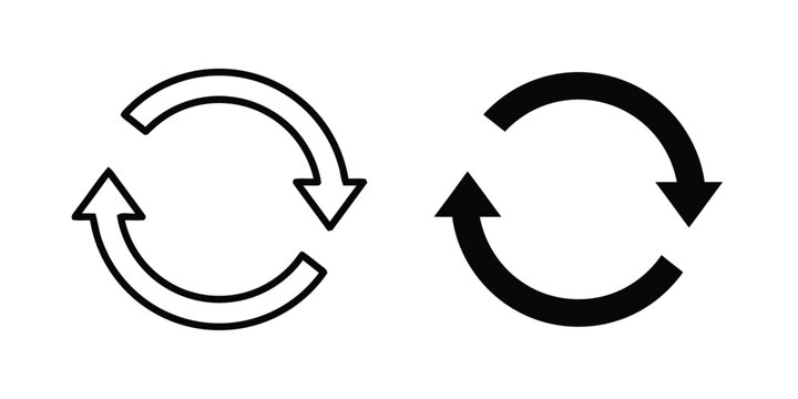 Circular arrows icon representing refresh, reload, or cycle in a clean and modern design, presented in both outline and solid fill styles for versatile application