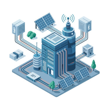 Isometric vector illustration of a modern mega data center facility featuring server buildings, solar panel arrays, networking cables, and wireless communication towers on white.