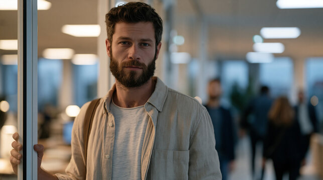 Young man in business casual attire standing frozen near the entrance of a busy open-plan office, hand gripping a doorframe, visible signs of an oncoming panic attack, colleagues walking past unawar