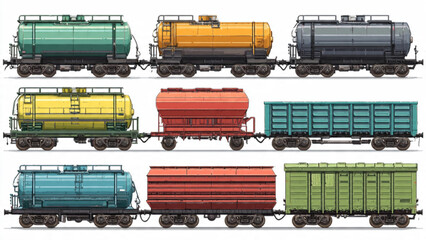 Colorful Freight Train Cars on Tracks with Different Shapes and Bright Colors for Transportation © Genji Jh