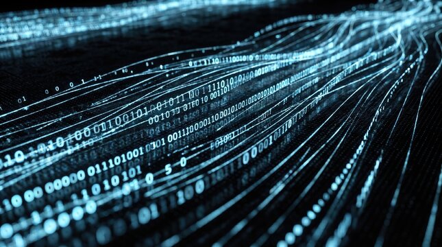 Glowing blue binary code streams flow across a dark background representing digital data and technology