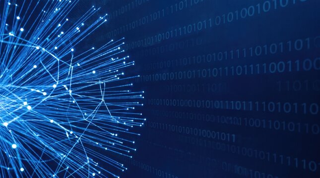 Futuristic network connections with binary code in dark blue background