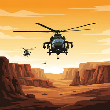 Vector illustration of three military attack helicopters flying in low altitude formation through a deep desert canyon at sunset, featuring detailed aircraft and rocky canyon walls.