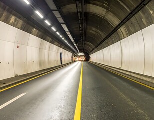 Fototapeta premium A dark tunnel with a road and yellow lines