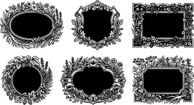Set of decorative floral and herbal frames with vintage engraved illustrations for labels and badges
