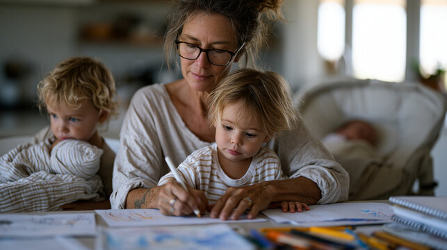 Working grandmother babysitting three grandchildren including newborn during daughter's return to work following maternity leave in modest family home with infant carrier and toddler art supplies co