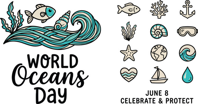 World oceans day vector template featuring whale wave dolphin starfish planet earth sea life badge elements
