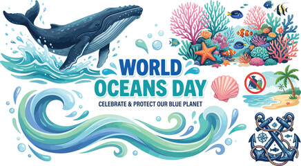 World oceans day design with a humpback whale jumping over coral reef marine life protect icon background © sajibfrlncr