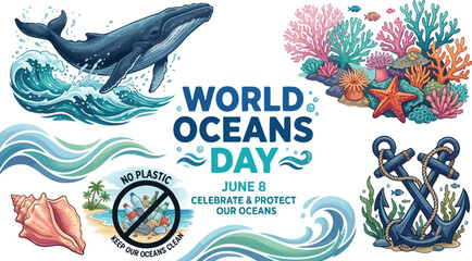 World oceans day banner with whale coral reef marine ecosystem and no plastic pollution sign vector © sajibfrlncr