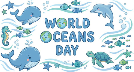 World oceans day banner with a collection of cute whales dolphins sea turtles marine life illustrations © sajibfrlncr