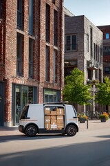 Fototapeta premium Autonomous electric vehicle delivering packages in urban district, future of sustainable city logistics