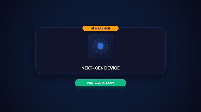 Dynamic digital interface animation showcasing a new product launch with "New Launch" and "Pre-Order Now" buttons, representing innovation and consumer engagement, symbolizing future technology.
