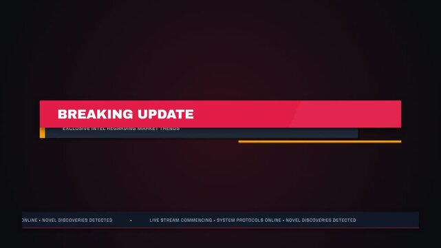 Dynamic animated news ticker with 'BREAKING UPDATE' text and subtle graphic elements, transitioning to black, symbolizing urgent information, real-time alerts, and the end of a broadcast segment.