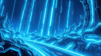 Obraz premium Futuristic landscape. Glowing blue lines create digital structures, tunnel, speed, energy flow. Dark background emphasizes bright illumination.
