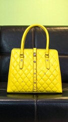 Naklejka premium Yellow luxury handbag on black leather.