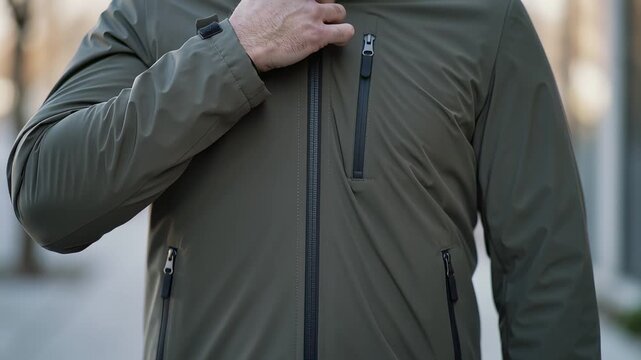 Man zipping up jacket in casual outdoor setting