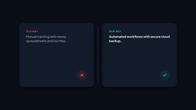 Dynamic comparison of old and new workflow methods, showcasing manual tracking versus automated cloud backup with checkmark and cross icons, symbolizing efficiency and progress.