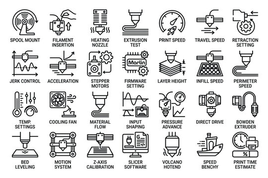 Advanced 3d printer settings and parameters vector illustration set for fine tuning print quality.