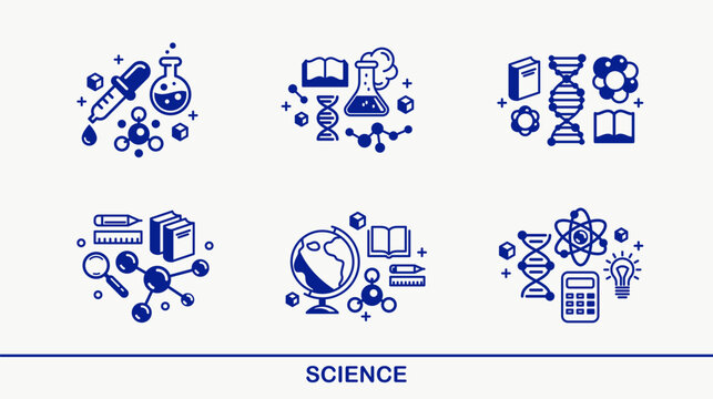 Science vector detailed icons set, physics and chemistry bundle, mathematics and geography study education.
