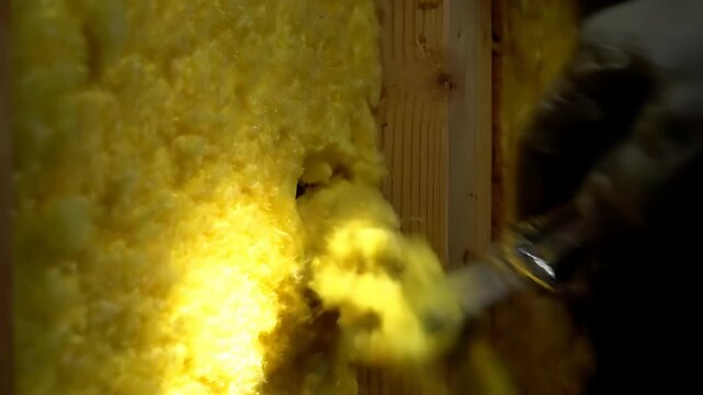 Gloved hand cutting yellow fiberglass insulation with a knife. Worker installing thermal barrier in wooden wall frame. Energy efficiency and renovation concept for home improvement.