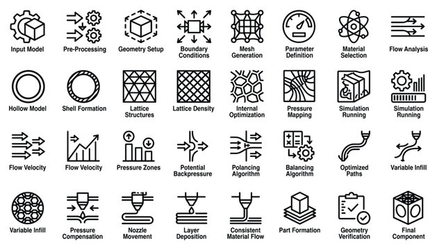 Collection of additive manufacturing icons for industrial technology and engineering processes.