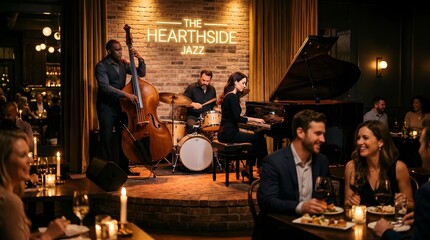 Fototapeta premium Live jazz band performance and intimate restaurant nightlife ambiance