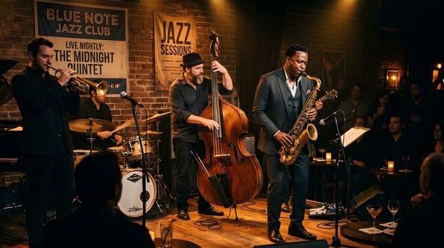 Live jazz band performance in smoky, intimate club setting